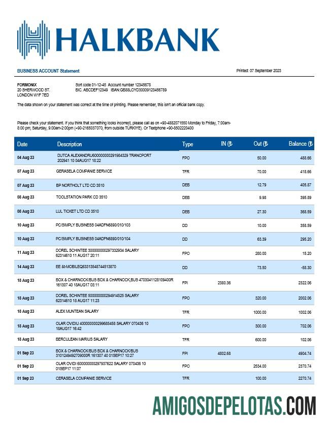 Imprimível Halkbank Business Statement modelo Word e PDF